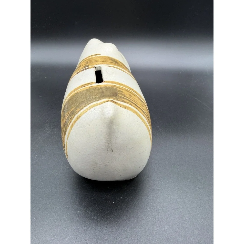 Vintage Pottery Cat Coin Bank Striped Flat Face Earth‎ Tone Decor